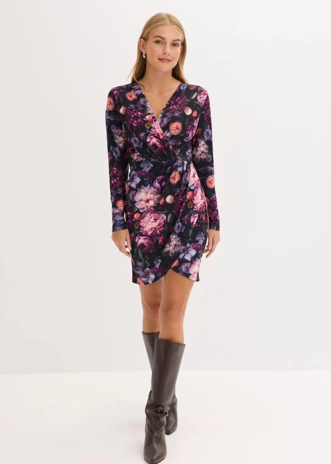 bonprix Kleider|Bekleidung·Pullover & Strickjacken^Figurbetontes Minikleid schwarz bedruckt