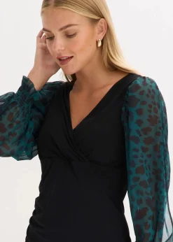bonprix Bekleidung·Pullover & Strickjacken|Kleider^Figurbetontes Minikleid mit Cut-Outs an den Ärmeln schwarz/grün leo