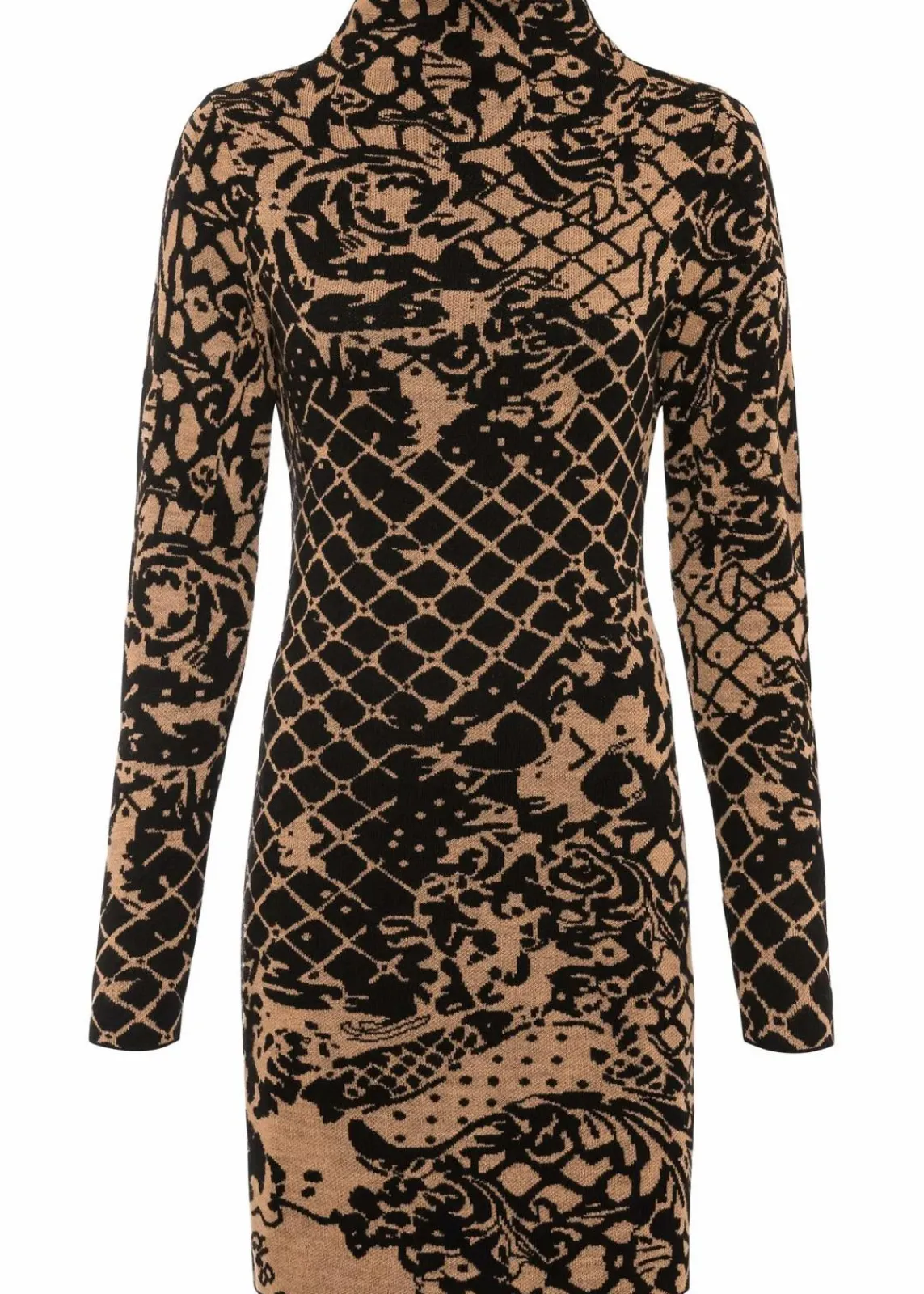 bonprix Bekleidung·Umstandsmode|Strickmode^Figurbetontes Strickkleid mit Stehkragen braun/schwarz bedruckt