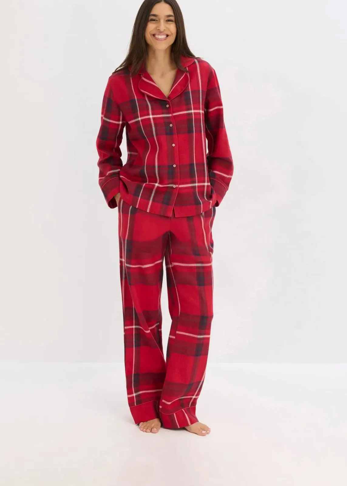 bonprix Wäsche·Nachtwäsche|Nachtwäsche^Flanell Pyjama aus weicher Baumwolle mit Geschenktasche dunkelrot kariert
