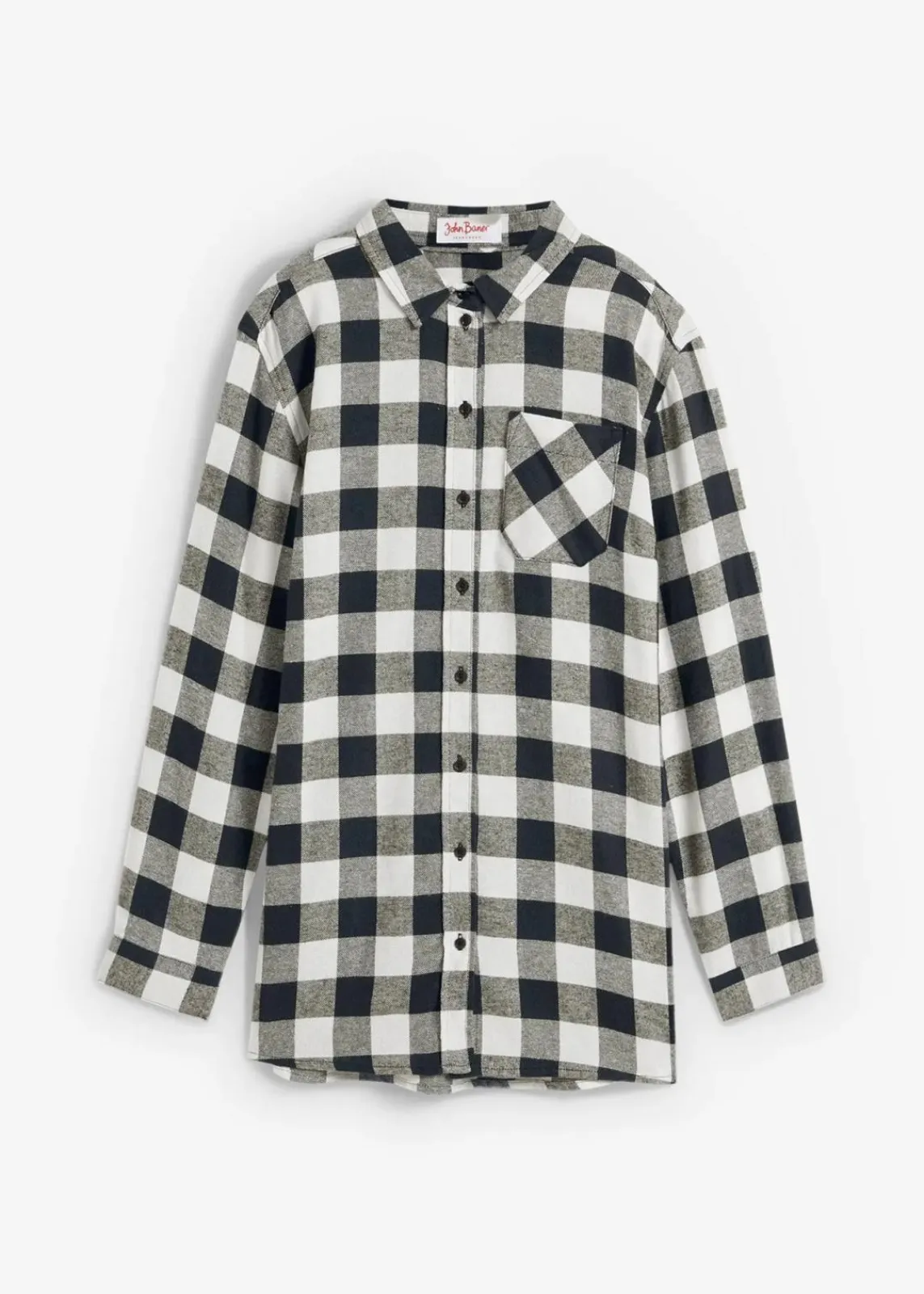 bonprix Bekleidung·Jacken & Mäntel|Blusen & Tuniken^Flanell-Longbluse aus reiner Baumwolle wollweiß/schwarz kariert