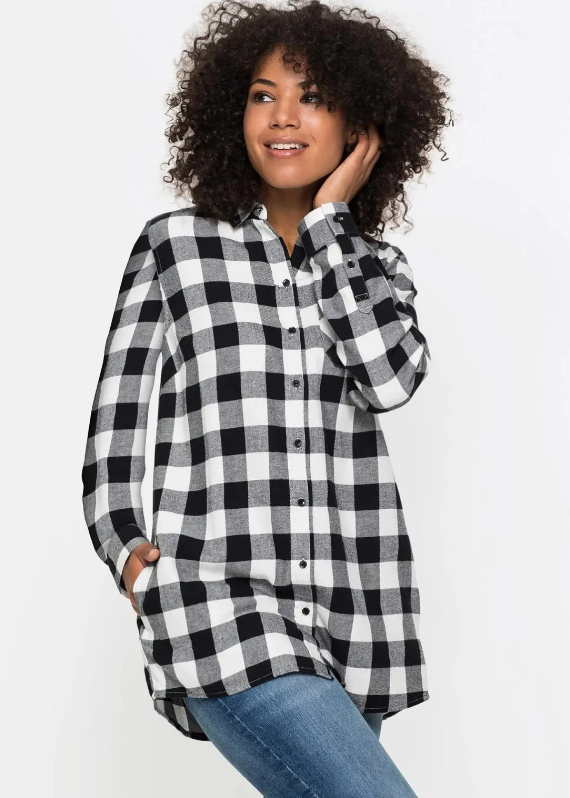 bonprix Bekleidung·Jacken & Mäntel|Blusen & Tuniken^Flanell-Longbluse aus reiner Baumwolle wollweiß/schwarz kariert