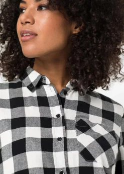 bonprix Bekleidung·Jacken & Mäntel|Blusen & Tuniken^Flanell-Longbluse aus reiner Baumwolle wollweiß/schwarz kariert