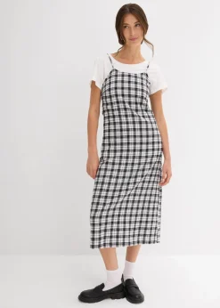 bonprix Kleider^Flanell-Trägerkleid aus reiner Baumwolle schwarz/wollweiß/grau kariert