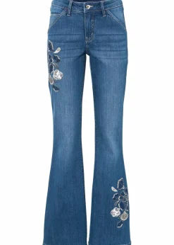 bonprix Bekleidung·Shirts & Tops|Jeans^Flared Jeans Mid Waist, Stretch blau denim geblümt