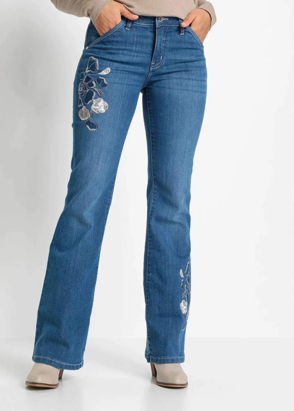bonprix Bekleidung·Shirts & Tops|Jeans^Flared Jeans Mid Waist, Stretch blau denim geblümt