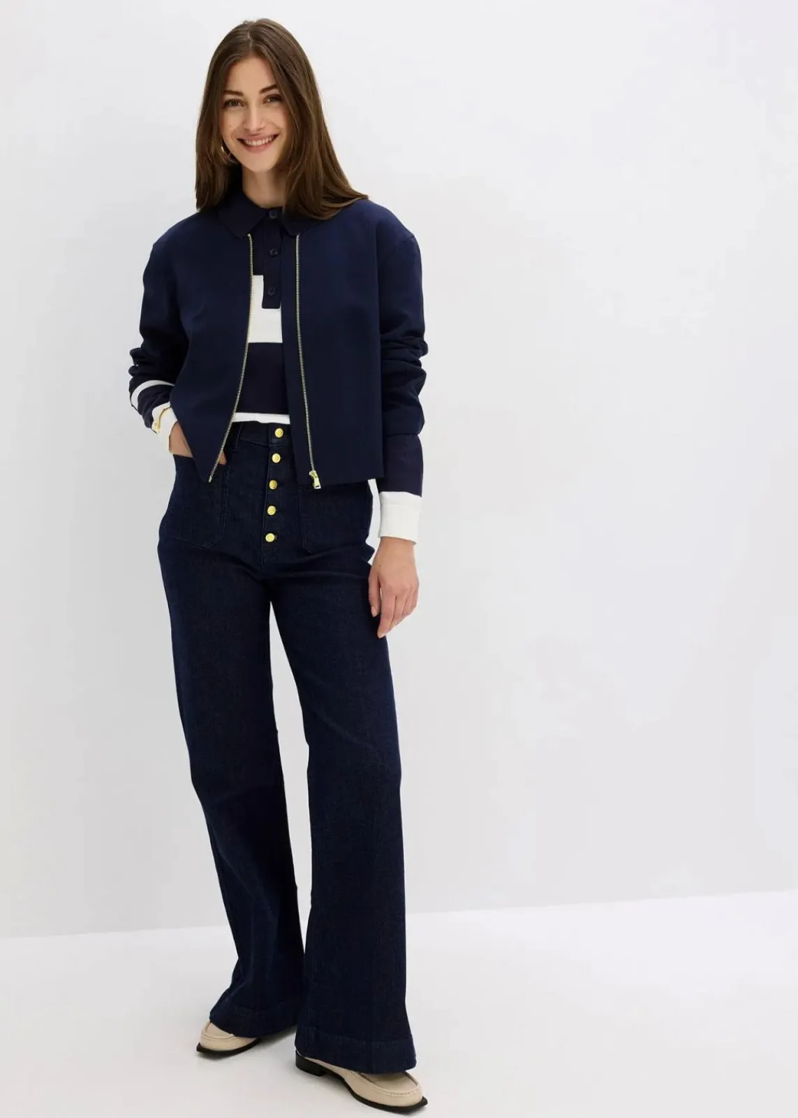 bonprix Bekleidung·Shirts & Tops|Jeans^Flared-Jeans High Waist tiefblau denim ungewaschen