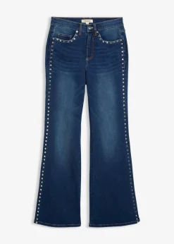 bonprix Kurzgrößen|Bekleidung·Shirts & Tops^Flared-Jeans High Waist mit Nietenbesatz blau denim used