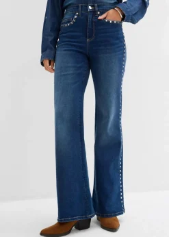 bonprix Kurzgrößen|Bekleidung·Shirts & Tops^Flared-Jeans High Waist mit Nietenbesatz blau denim used
