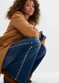 bonprix Kurzgrößen|Bekleidung·Shirts & Tops^Flared-Jeans High Waist mit Nietenbesatz blau denim used