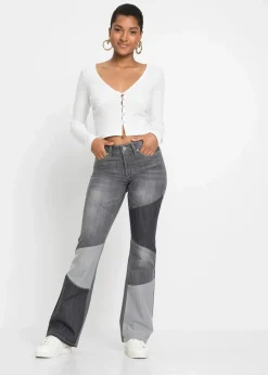 bonprix Bekleidung·Shirts & Tops|Jeans^Flared-Jeans Mid Waist grau denim/dunkelgrau denim/mittelgrau denim