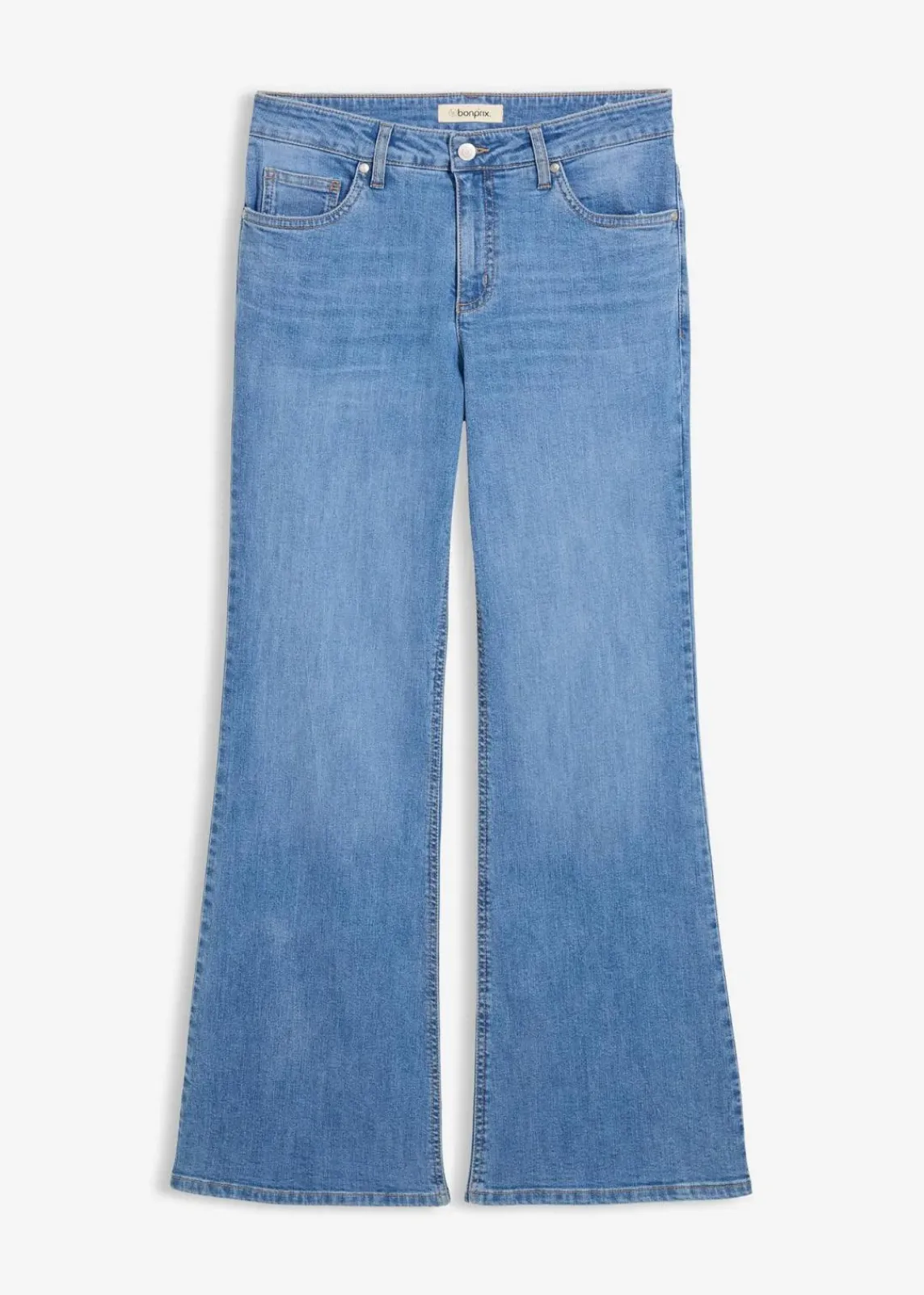 bonprix Bekleidung·Shirts & Tops|Jeans^Flared-Jeans Mid Waist hellblau denim used