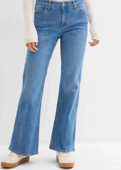 bonprix Bekleidung·Shirts & Tops|Jeans^Flared-Jeans Mid Waist hellblau denim used