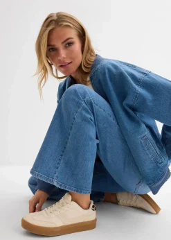 bonprix Bekleidung·Shirts & Tops|Jeans^Flared-Jeans Mid Waist hellblau denim used