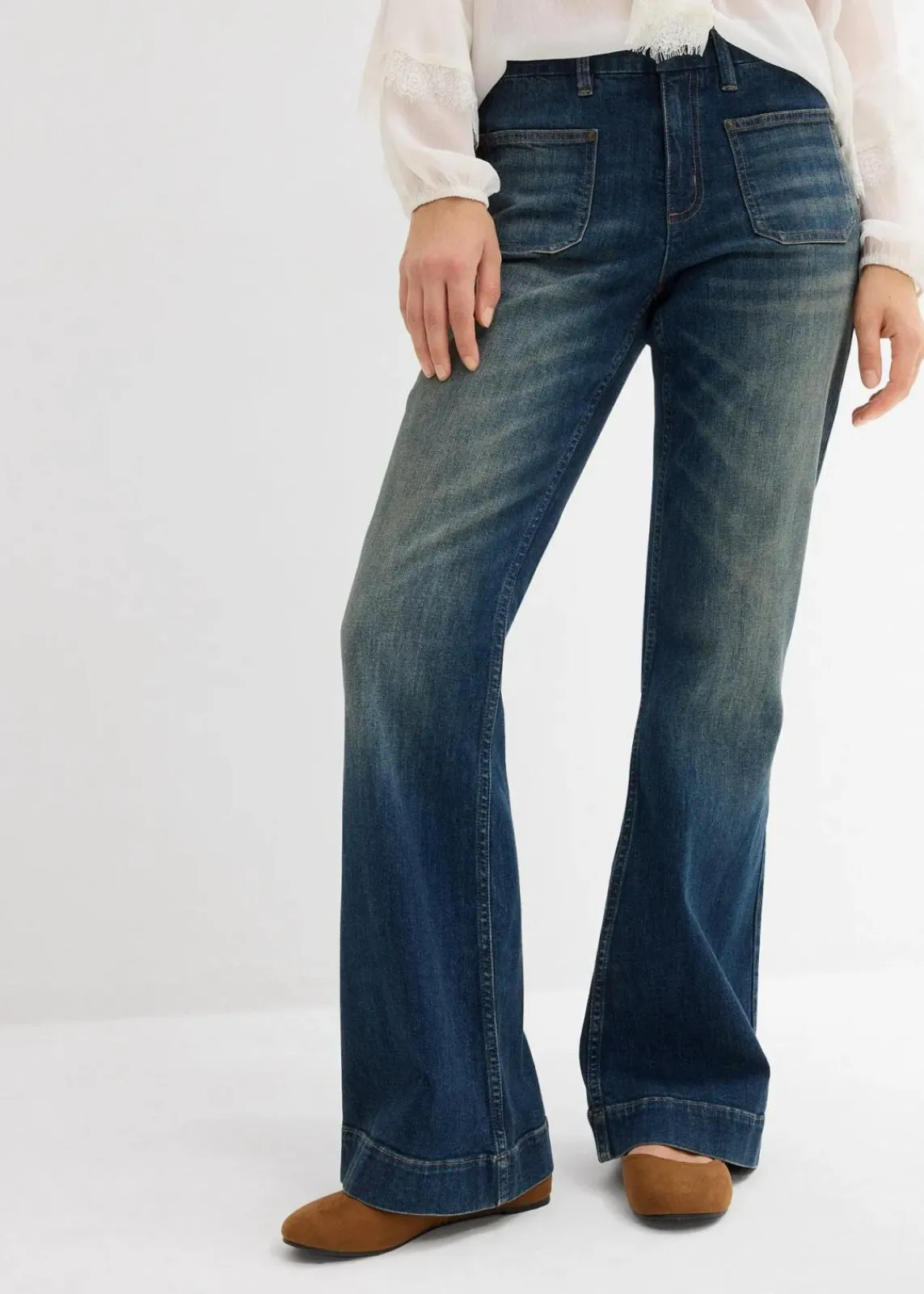 bonprix Bekleidung·Shirts & Tops|Jeans^Flared-Jeans Mid Waist dunkelblau denim