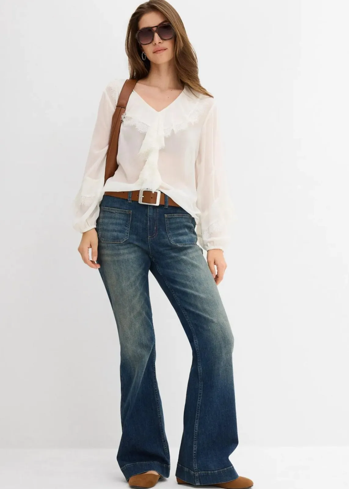 bonprix Bekleidung·Shirts & Tops|Jeans^Flared-Jeans Mid Waist dunkelblau denim