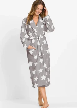 bonprix Wäsche·Bademäntel|Nachhaltigere Materialien^Fleece Bademantel grau/wollweiß bedruckt