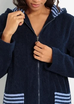 bonprix Wäsche·Bademäntel|Nachhaltigere Materialien^Frottee Bademantel aus Bio-Baumwolle mit Reißverschluss dunkelblau/perlblau gestreift
