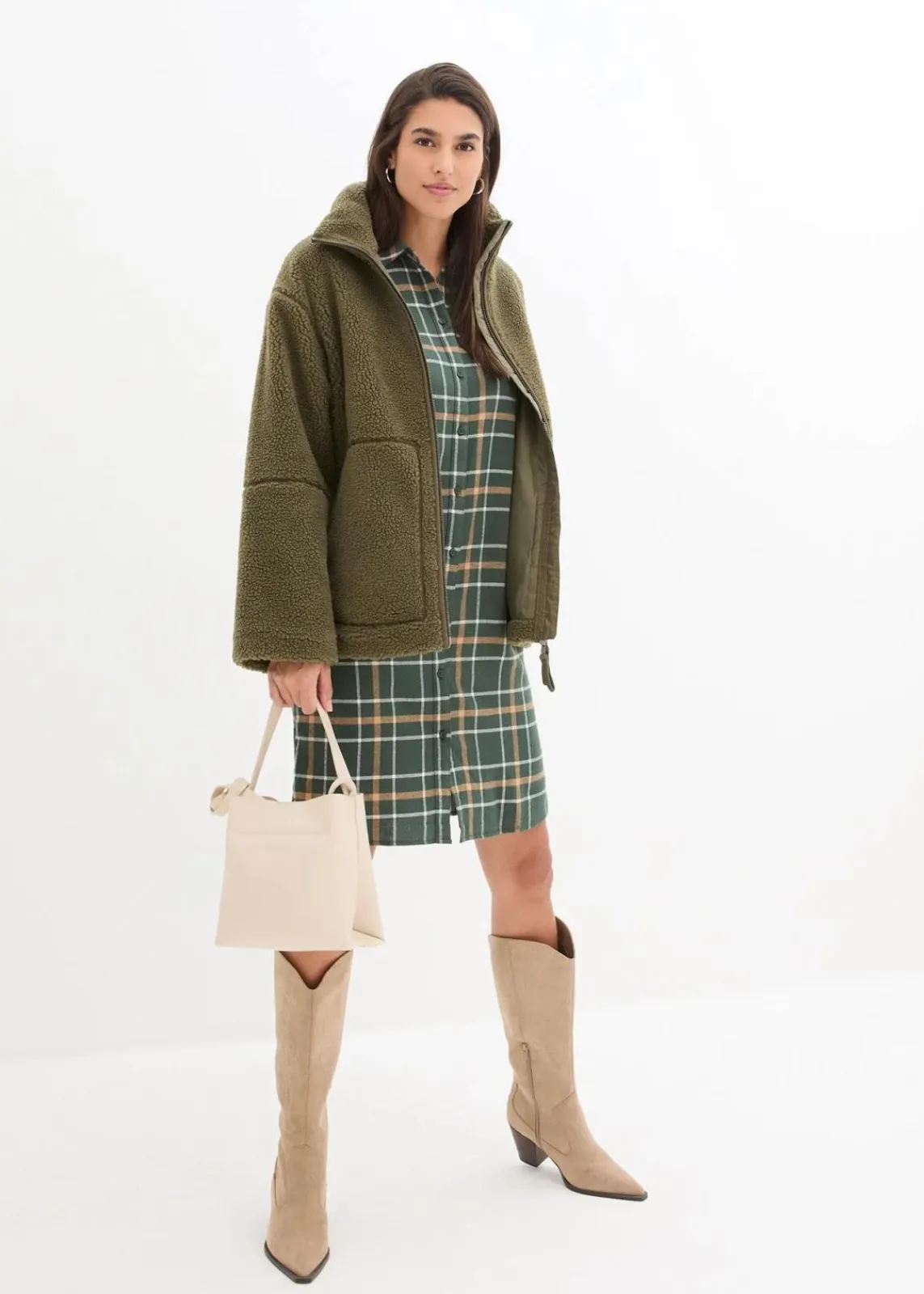 bonprix Bekleidung·Hosen|Jacken & Mäntel^Gefütterte Teddy-Fleece Jacke dunkeloliv