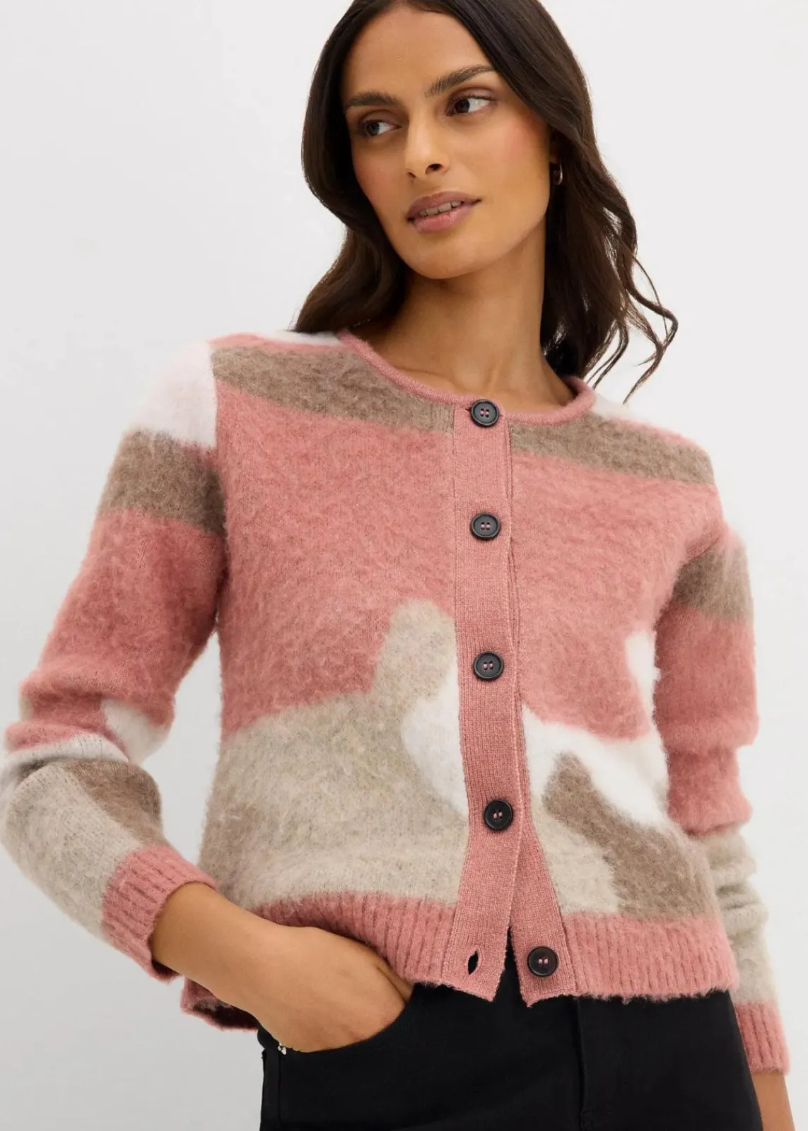 bonprix Bekleidung·Umstandsmode|Bekleidung·Jeans^Gemusterte Strickjacke mit Knopfleiste rosa graphisch
