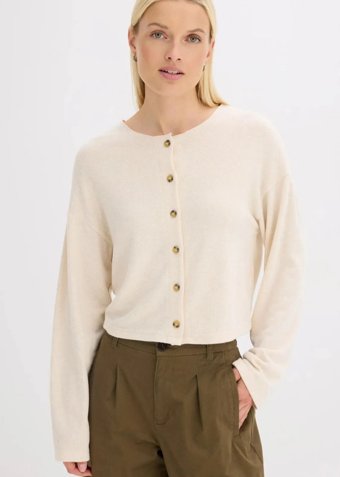 bonprix Pullover & Strickjacken|Zweiteiler & Sets^Gerippte Feinstrickjacke kieselbeige meliert