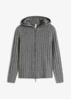 bonprix Strickmode|Pullover & Strickjacken^Gerippte Strickjacke mit Kapuze grau meliert