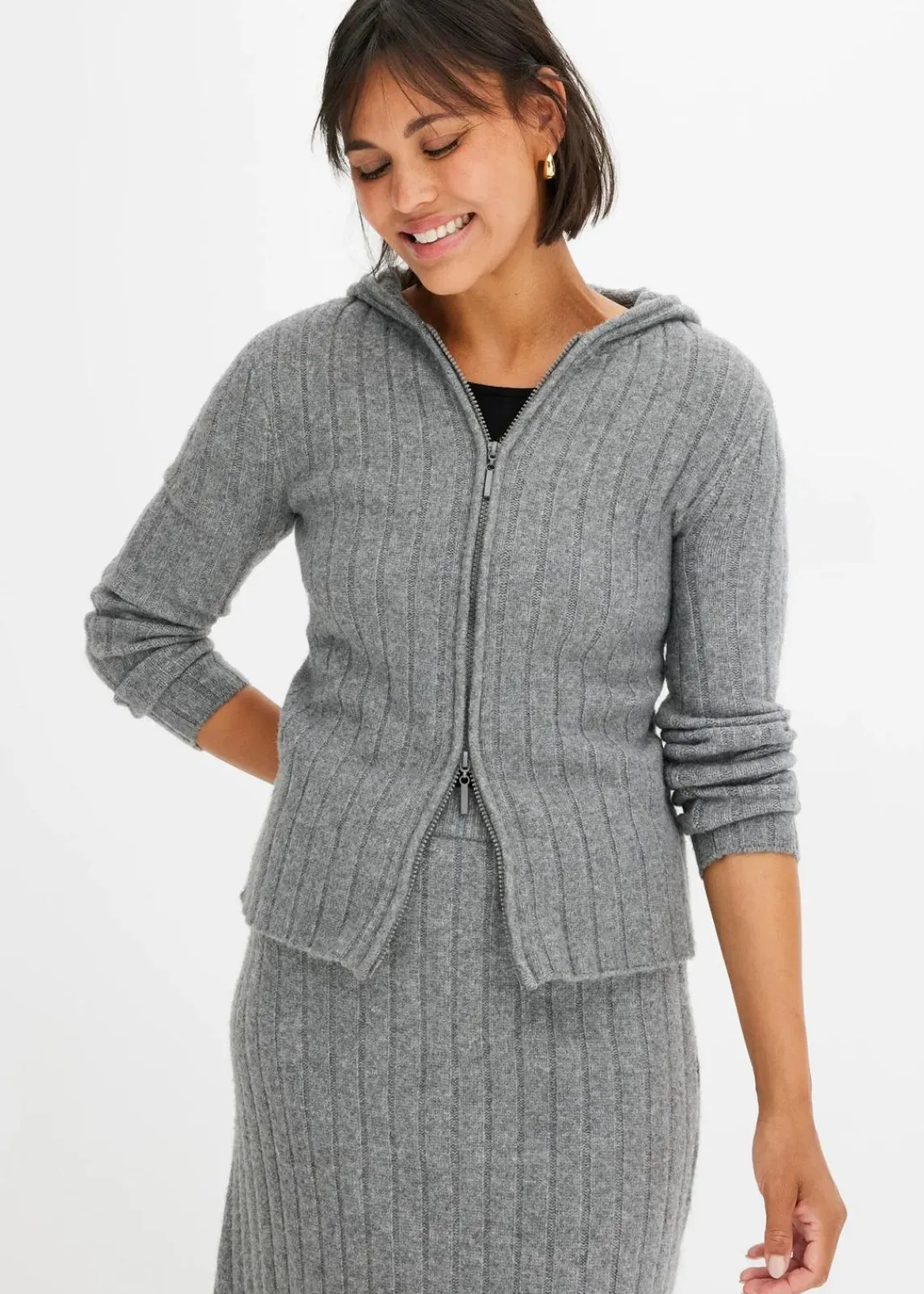 bonprix Strickmode|Pullover & Strickjacken^Gerippte Strickjacke mit Kapuze grau meliert