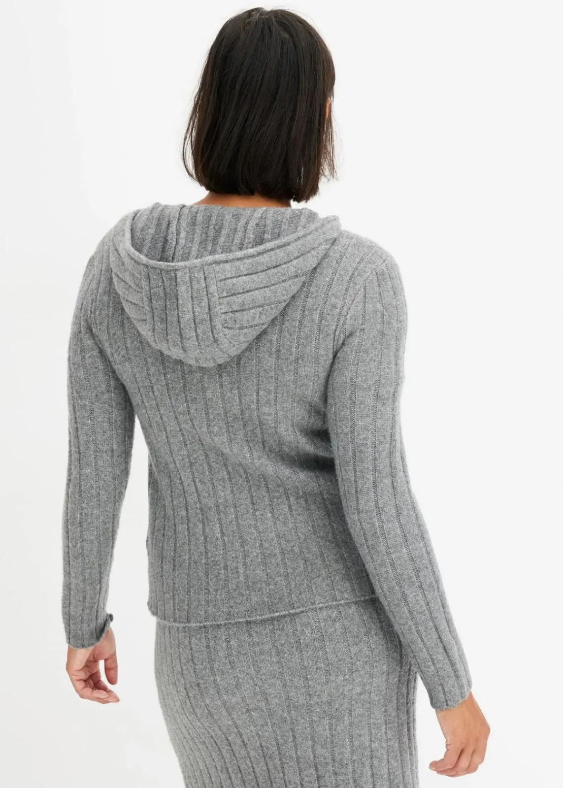 bonprix Strickmode|Pullover & Strickjacken^Gerippte Strickjacke mit Kapuze grau meliert