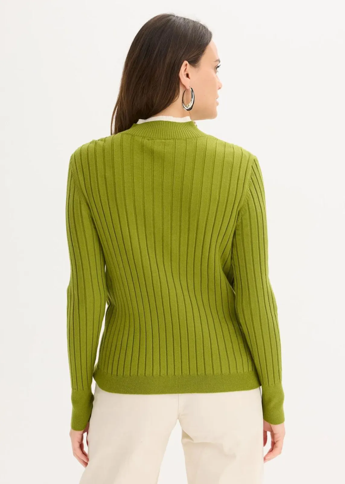 bonprix Pullover & Strickjacken|Strickmode^Gerippter Feinstrickpullover mit Viskose in 2 in 1 Optik moos/naturbeige