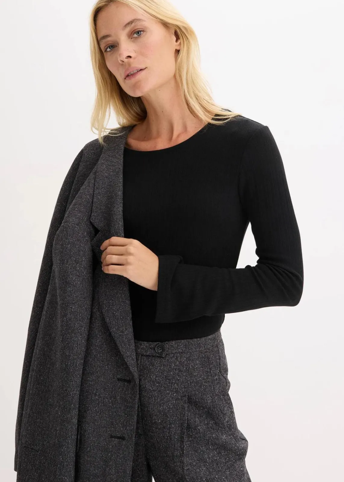 bonprix Basics|Shirts & Tops^Geripptes Langarmshirt schwarz