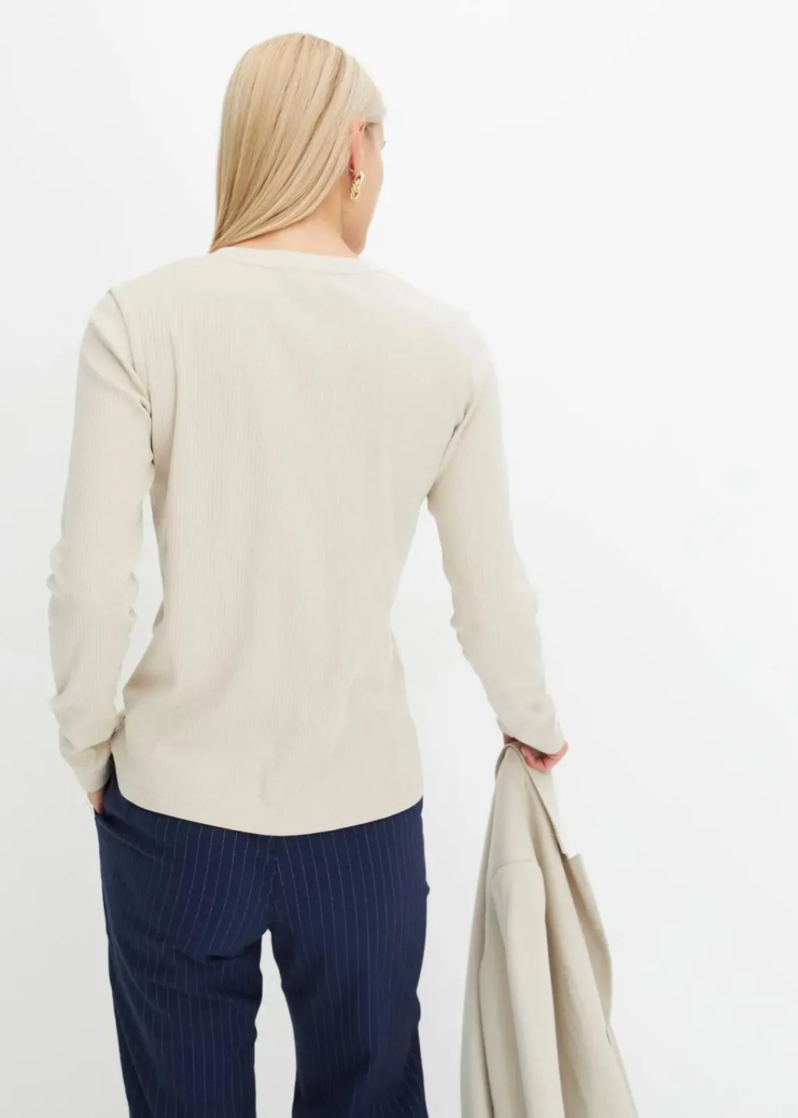 bonprix Shirts & Tops|Basics^Geripptes Langarmshirt aus reiner Baumwolle kitt