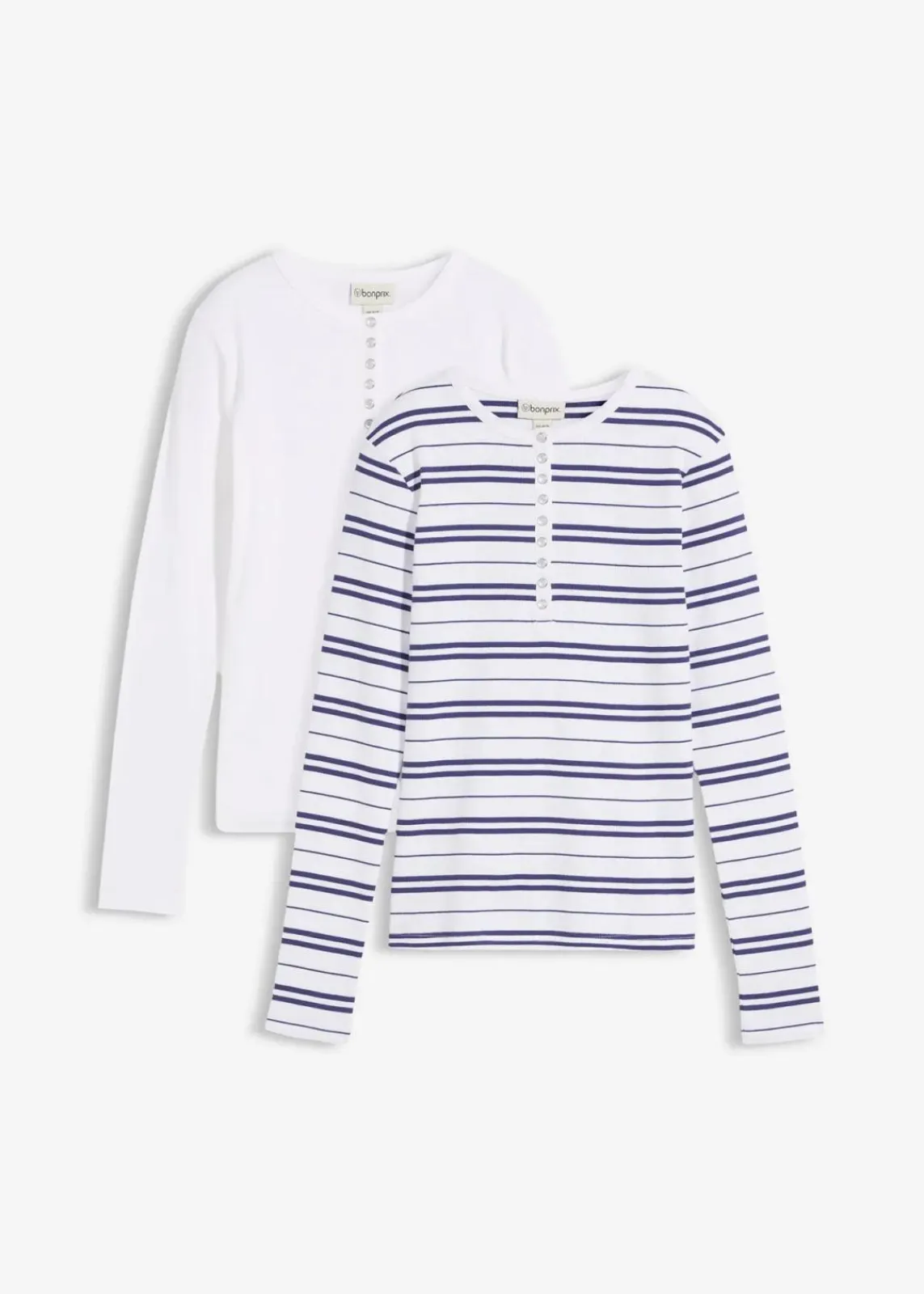 bonprix Shirts & Tops^Geripptes Langarmshirt aus Bio-Baumwollmix weiß uni + weiß/dunkelpazifik gestreift
