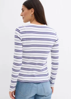 bonprix Shirts & Tops^Geripptes Langarmshirt aus Bio-Baumwollmix weiß uni + weiß/dunkelpazifik gestreift