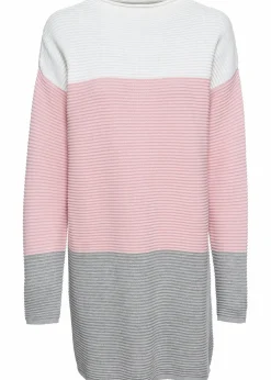 bonprix Pullover & Strickjacken|Strickmode^Gestreifter Long-Pullover wollweiß/puderrosa/grau gestreift