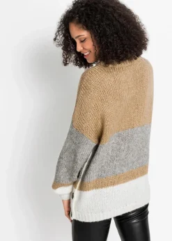 bonprix Bekleidung·Umstandsmode|Bekleidung·Jeans^Gestreifter Oversize-Pullover mit Knöpfen beige/hellgrau meliert/weiß