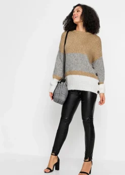 bonprix Bekleidung·Umstandsmode|Bekleidung·Jeans^Gestreifter Oversize-Pullover mit Knöpfen beige/hellgrau meliert/weiß