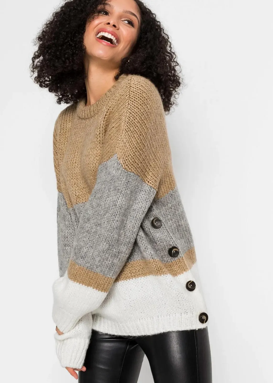 bonprix Bekleidung·Umstandsmode|Bekleidung·Jeans^Gestreifter Oversize-Pullover mit Knöpfen beige/hellgrau meliert/weiß