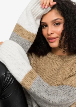 bonprix Bekleidung·Umstandsmode|Bekleidung·Jeans^Gestreifter Oversize-Pullover mit Knöpfen beige/hellgrau meliert/weiß