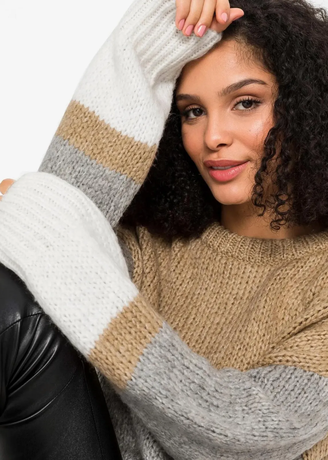 bonprix Bekleidung·Umstandsmode|Bekleidung·Jeans^Gestreifter Oversize-Pullover mit Knöpfen beige/hellgrau meliert/weiß