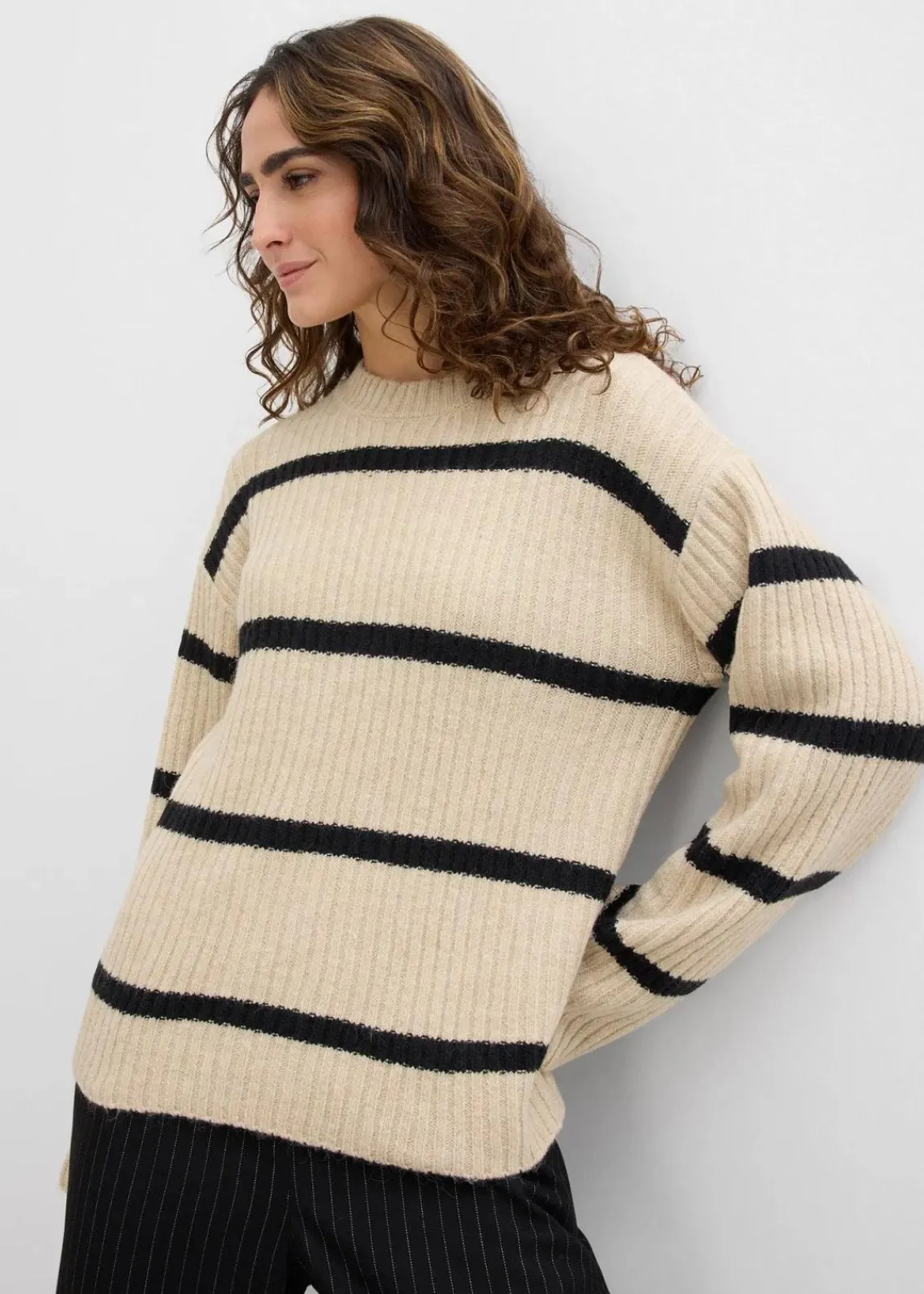 bonprix Bekleidung·Umstandsmode|Strickmode^Gestreifter Pullover hellsand/schwarz quer gestreift