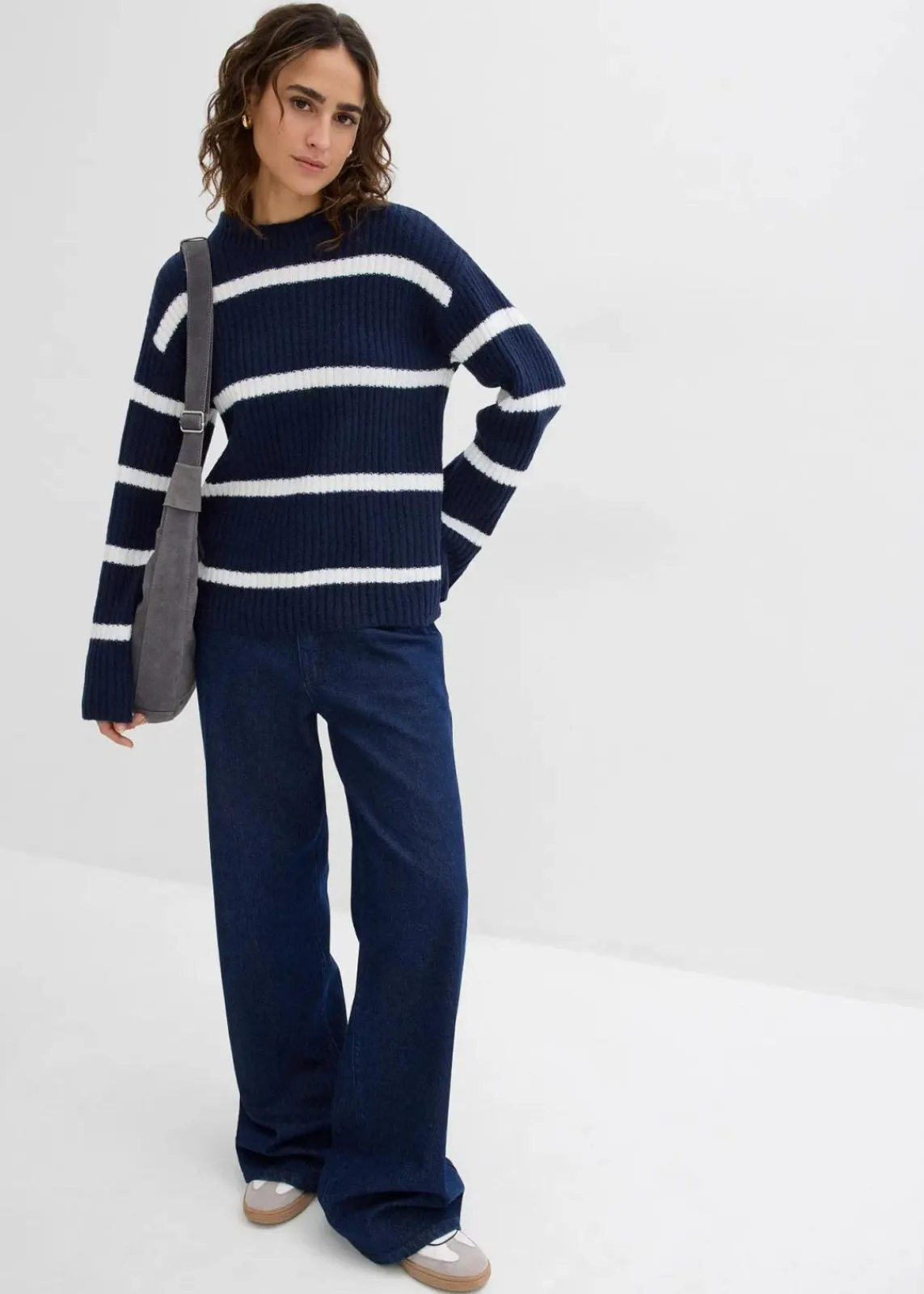 bonprix Bekleidung·Umstandsmode|Strickmode^Gestreifter Pullover dunkelblau/wollweiß quer gestreift
