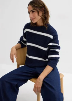 bonprix Bekleidung·Umstandsmode|Strickmode^Gestreifter Pullover dunkelblau/wollweiß quer gestreift