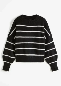 bonprix Pullover & Strickjacken|Strickmode^Gestreifter Pullover im Oversized Fit schwarz/wollweiß gestreift
