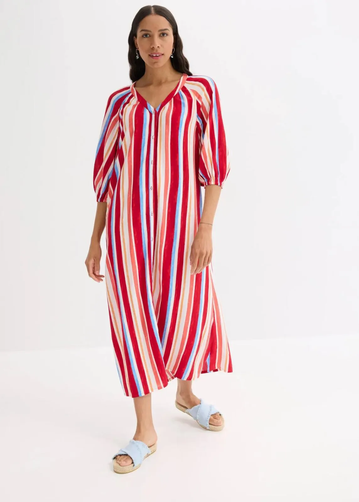 bonprix Kleider|Nachhaltigere Materialien^gestreiftes Kaftan-Kleid aus strukturierter Viskose mohnrot/helllachs/weiß gestreift