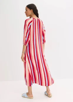 bonprix Kleider|Nachhaltigere Materialien^gestreiftes Kaftan-Kleid aus strukturierter Viskose mohnrot/helllachs/weiß gestreift