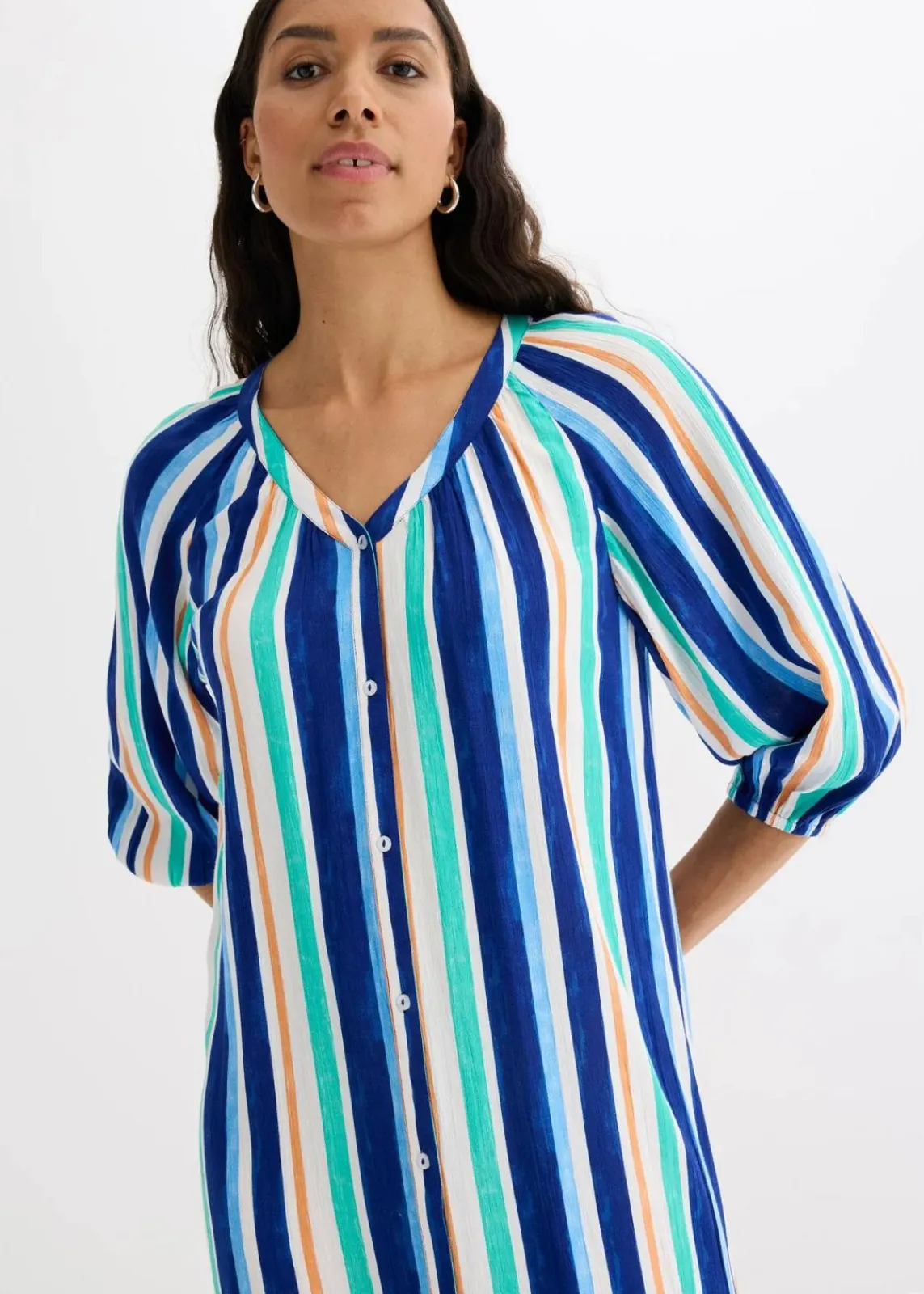 bonprix Bekleidung·Pullover & Strickjacken|Nachhaltigere Materialien^gestreiftes Kaftan-Kleid aus strukturierter Viskose arktikblau/hellblau/weiß gestreift