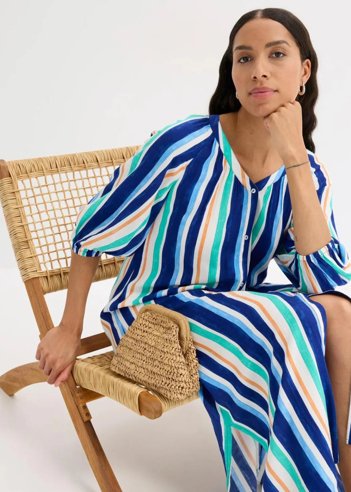bonprix Bekleidung·Pullover & Strickjacken|Nachhaltigere Materialien^gestreiftes Kaftan-Kleid aus strukturierter Viskose arktikblau/hellblau/weiß gestreift