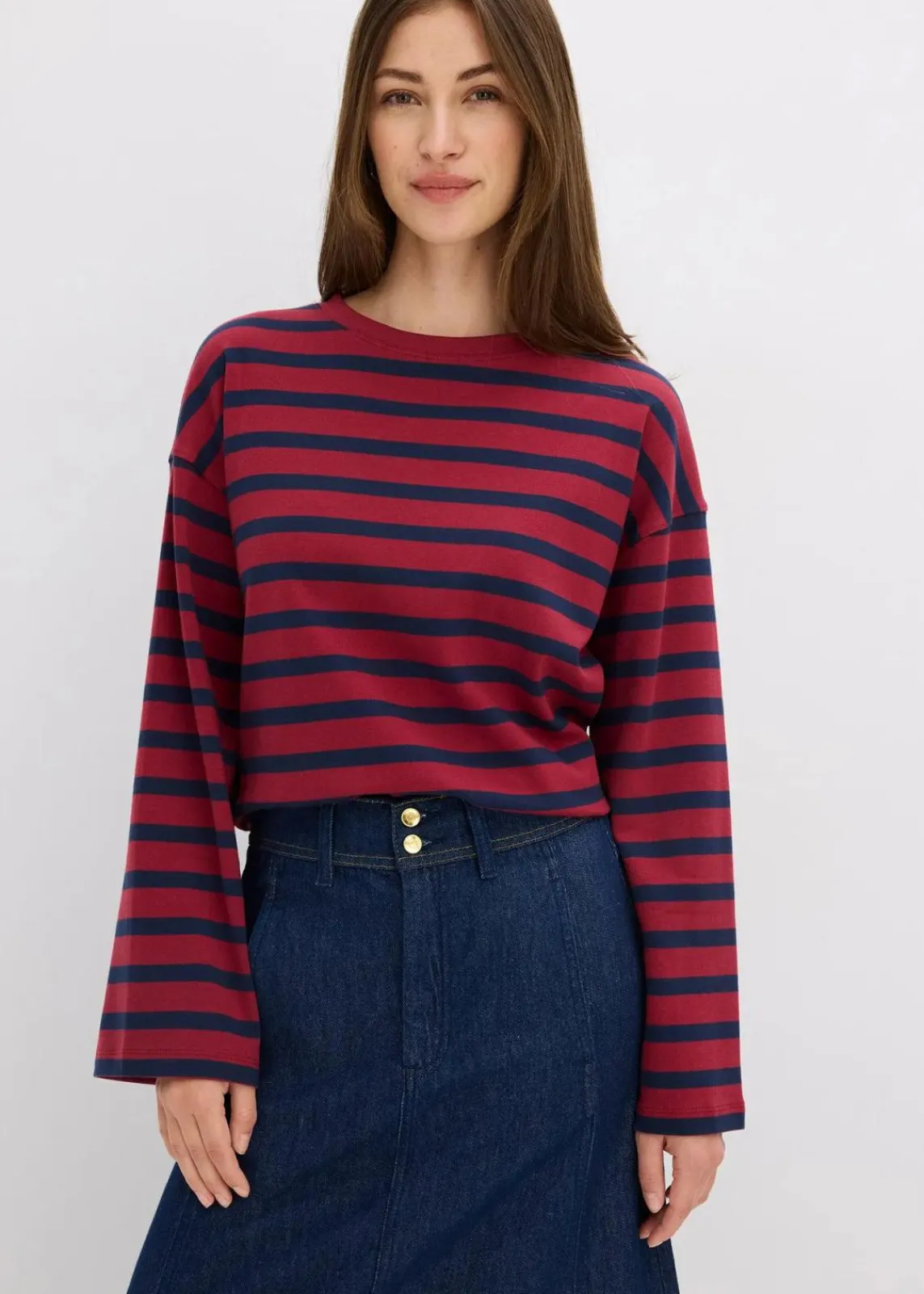 bonprix Nachhaltigere Materialien|Shirts & Tops^Gestreiftes Shirt aus reiner Bio-Baumwolle pflaumenrot/dunkelblau gestreift