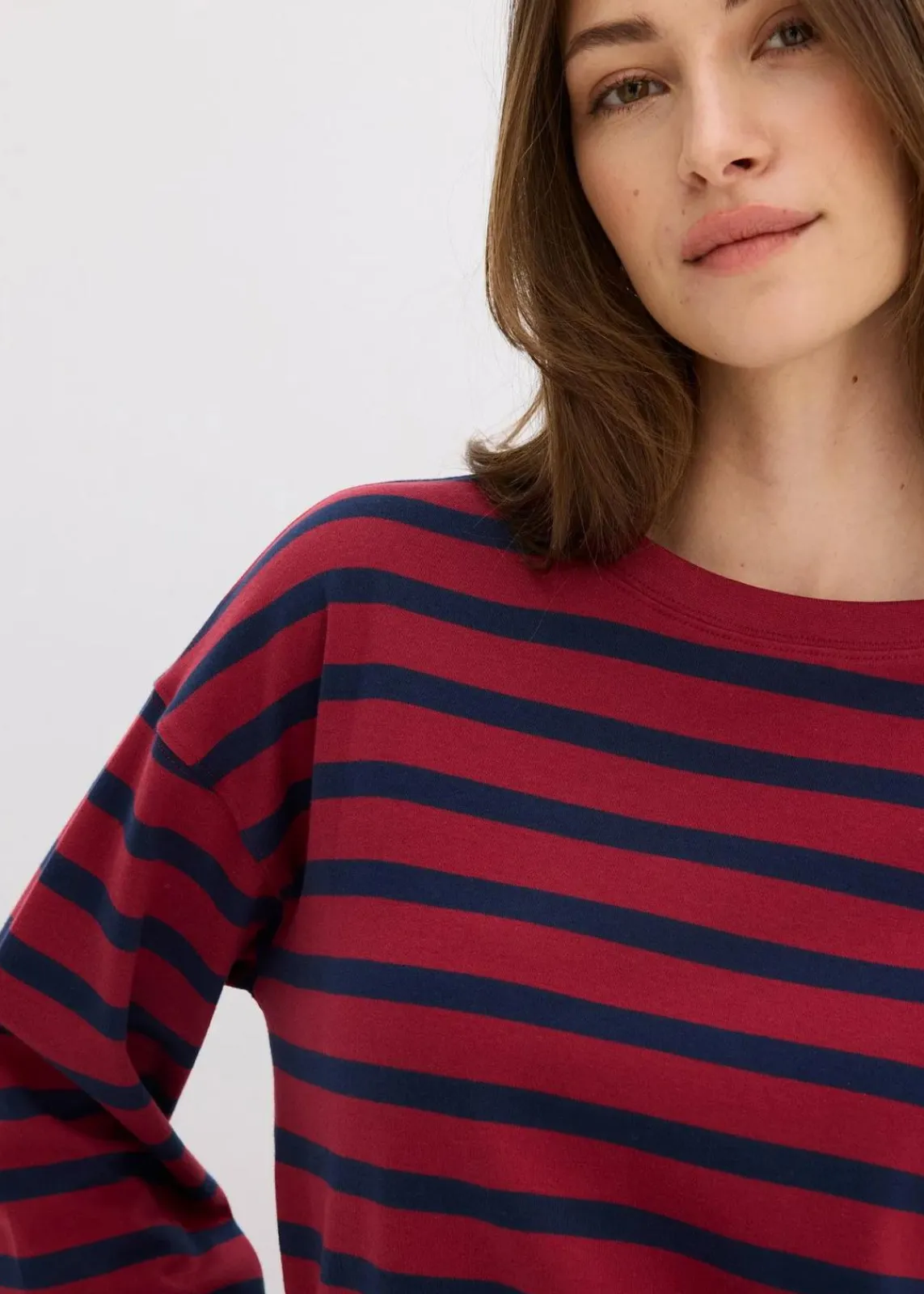 bonprix Nachhaltigere Materialien|Shirts & Tops^Gestreiftes Shirt aus reiner Bio-Baumwolle pflaumenrot/dunkelblau gestreift