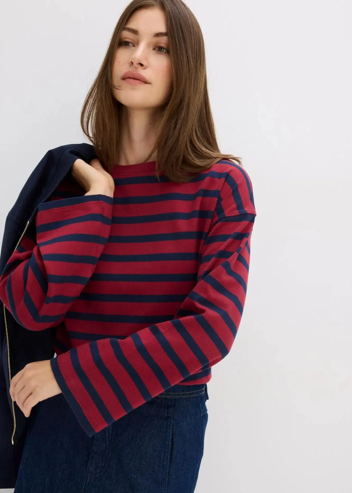 bonprix Nachhaltigere Materialien|Shirts & Tops^Gestreiftes Shirt aus reiner Bio-Baumwolle pflaumenrot/dunkelblau gestreift